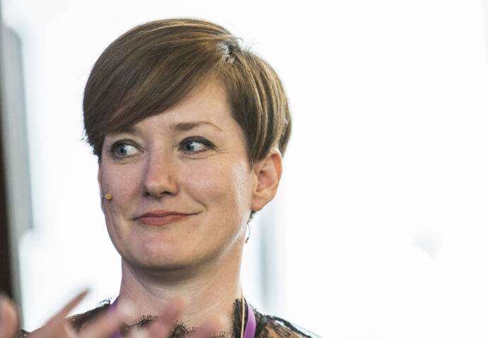 Oslo 20171116.Medienettverket konferanse, konferansier Veslemøy Østrem (på bildet) avdelingsleder i Aftenposten stiller spørsmål underveis. Foto: Mariam Butt / NTB