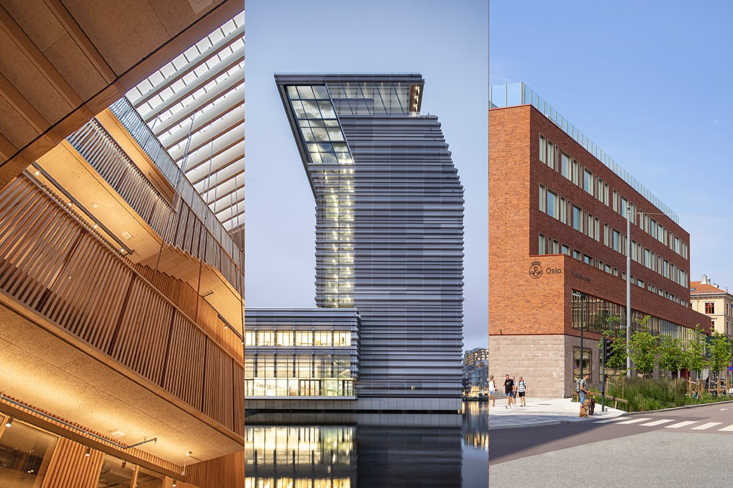 Pressens hus, Munchmuseet og Ruseløkka skole konkurrerer om å vinne Oslo bys arkitekturpris. (Kollasj: Subjekt.)