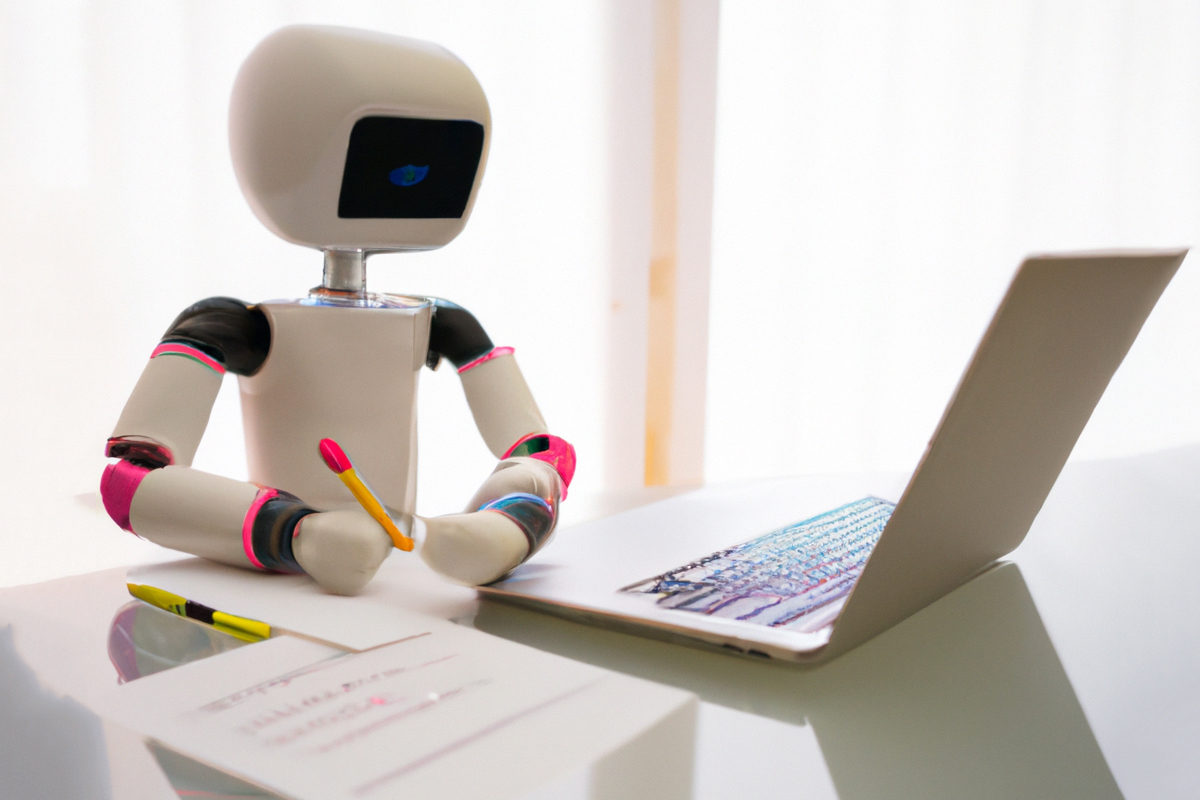 «A cute robot writing on a computer in a modern environment». (Illustrasjon: KI-en Dall E.) 3:2