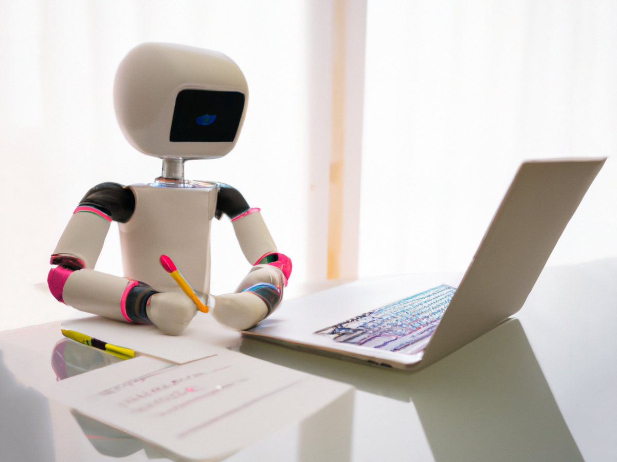 «A cute robot writing on a computer in a modern environment». (Illustrasjon: KI-en Dall E.) 4:3