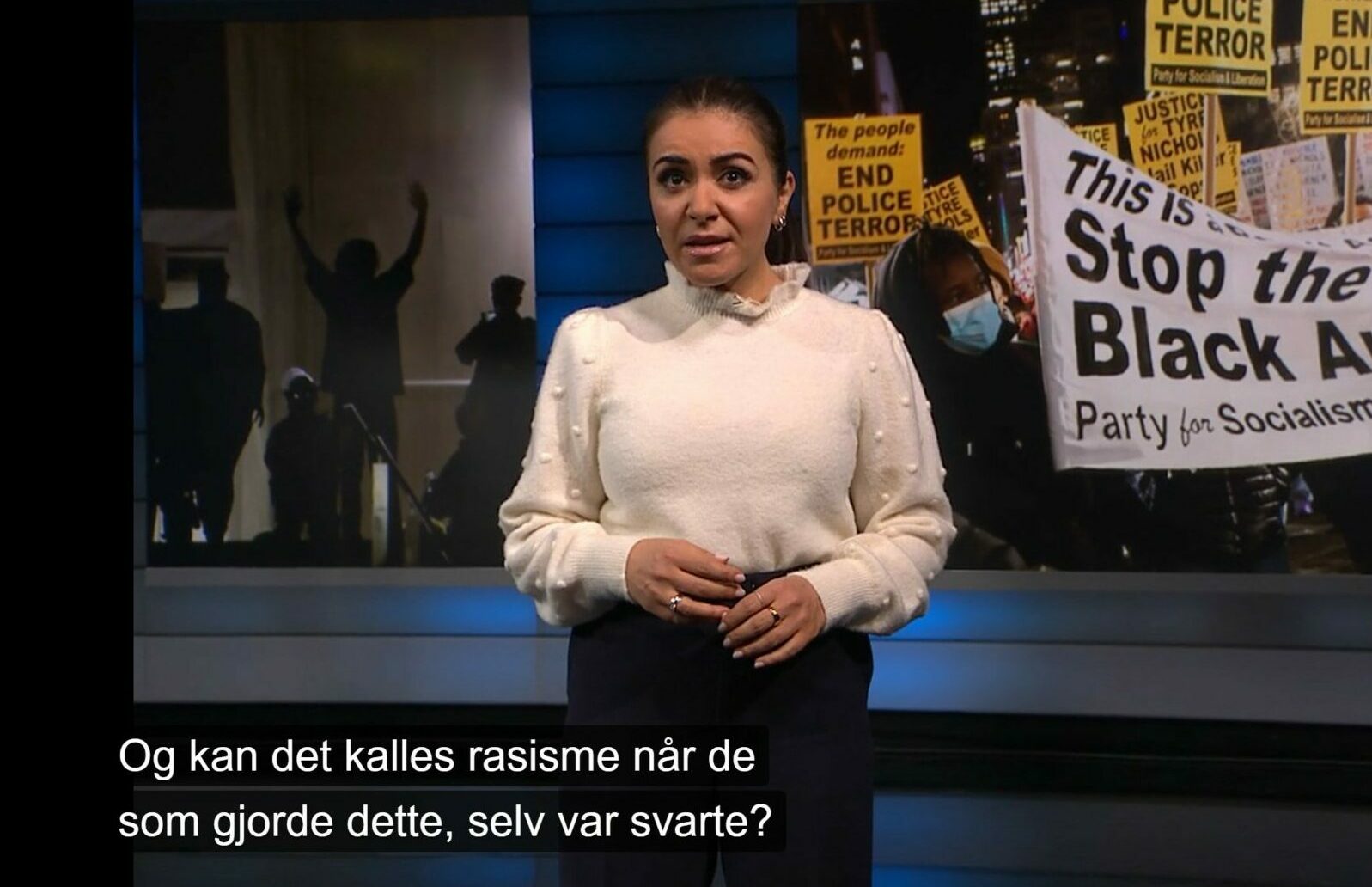 Rima Iraki innleder NRK Urix-sendingen om Tyre Nichols med spørsmålet: «Og kan det kalles rasisme når de som gjorde dette selv var svarte?»