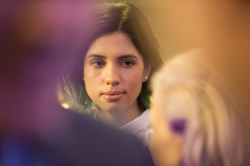 Pussy Riot medlem Nadezhda Tolokonnikova under Oslo Freedom Forum 2014 på Oslos nye teater onsdag. (Foto: Torstein Bøe/NTB.)