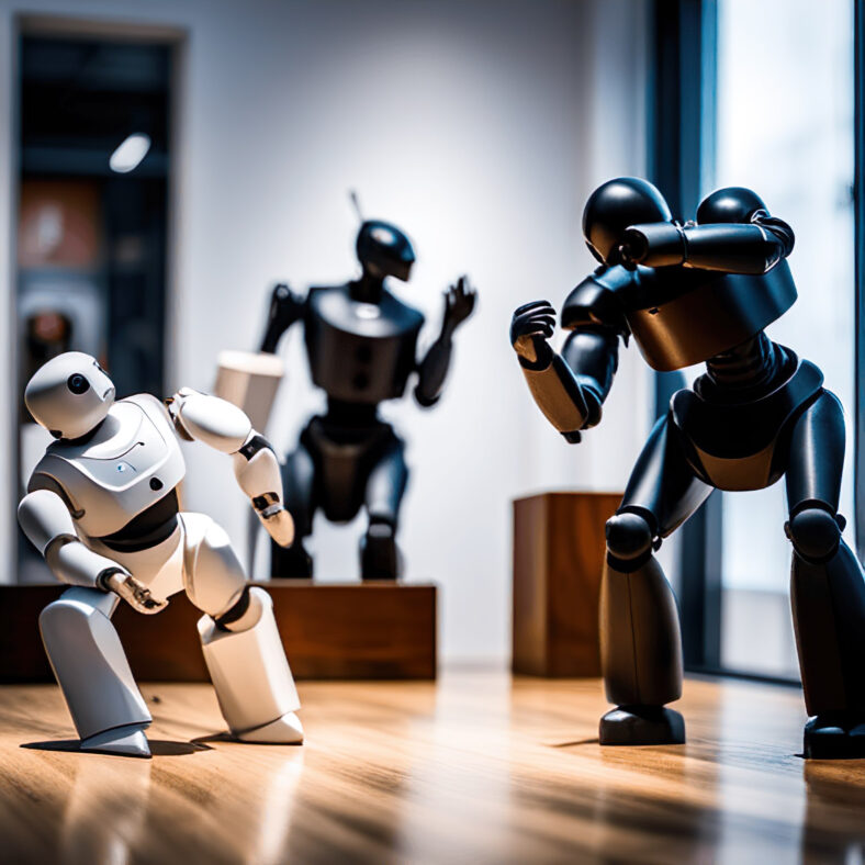 A photo of robots and artists fighting in an art gallery. (KI-foto: Freepik.)