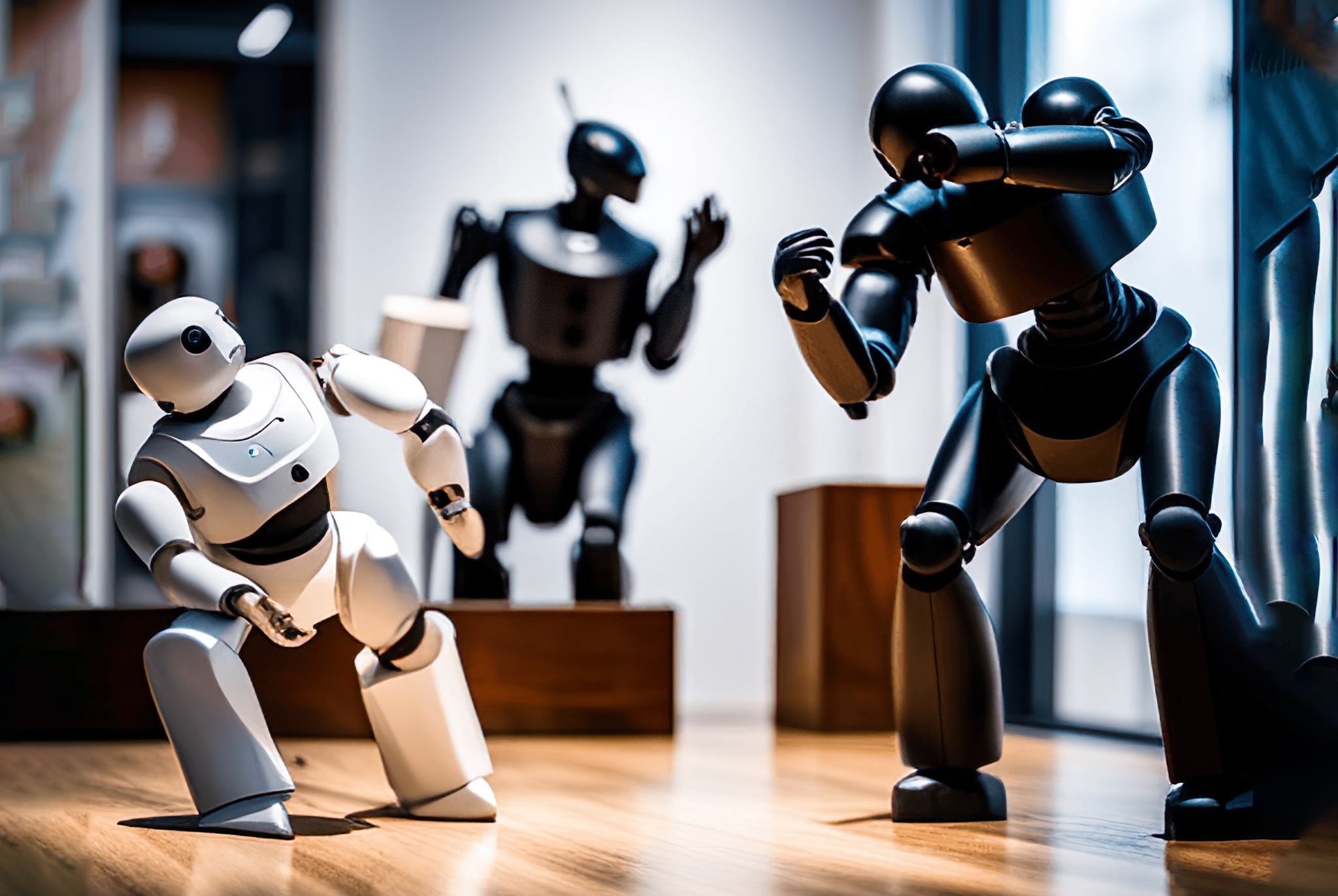 A photo of robots and artists fighting in an art gallery. (KI-foto: Freepik.)