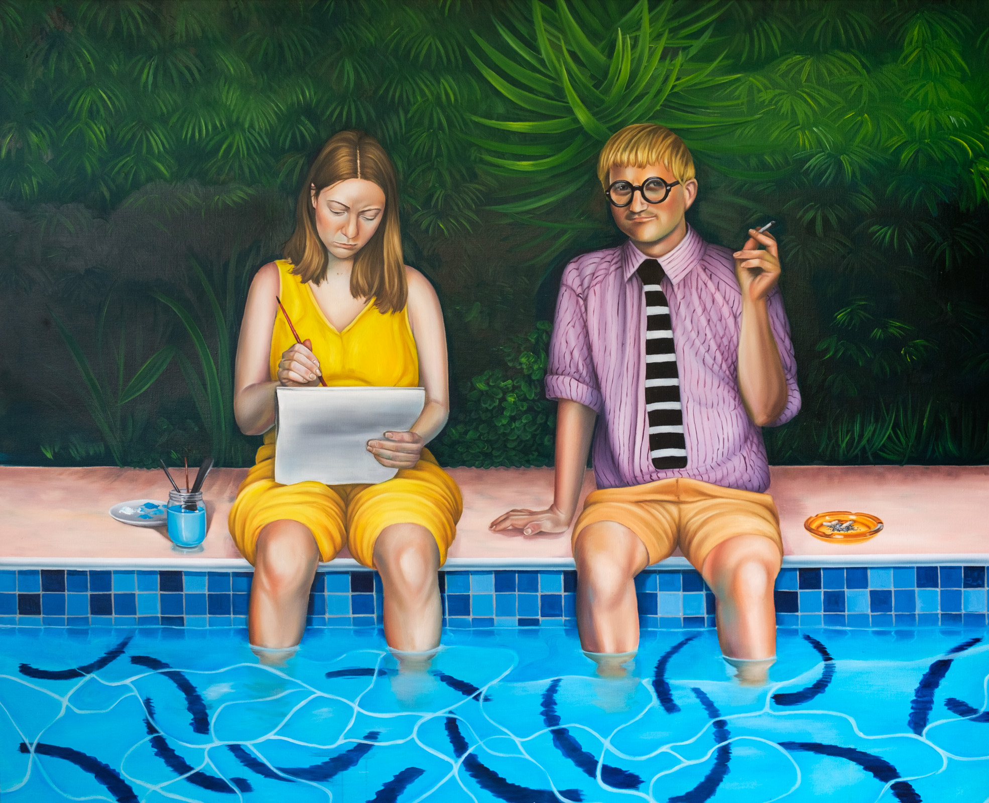 Lena Trydal. «Mr. Hockney teaching me how to paint a pool» (2021). Olje på lerret, 138x168 cm. Privat samling. (Foto: Ole Erik Løvold. ©Lena Trydal/BONO)