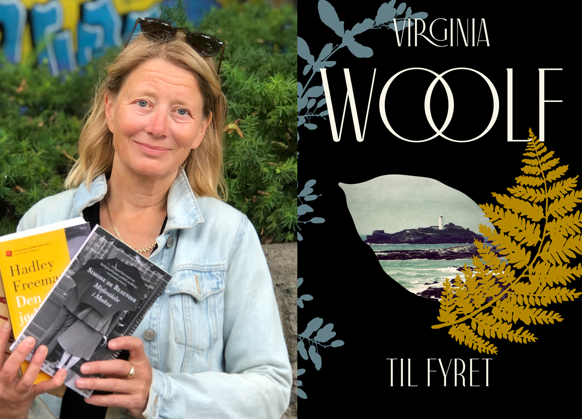 forlagssjef i Pax, Marianne Bjørndal og det norske omslaget til Virignia Woolf «Til fyret». (Foto- Pax.)_