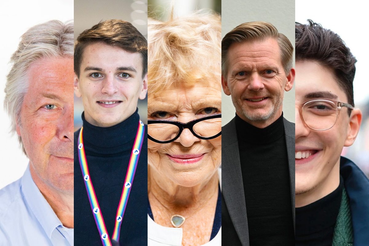 Politisk redaktør i Nettavisen, Erik Stephansen, Unge Høyre-leder Ola Svenneby og jurist Eva Joly, samt Høyre-politikerne Tage Pettersen og Mehmet Kaan Inan. (Foto: Paul Weaver/Nettavisen, Unge Høyre, Cappelen Damm, Peter-André Hegg, Høyre.)