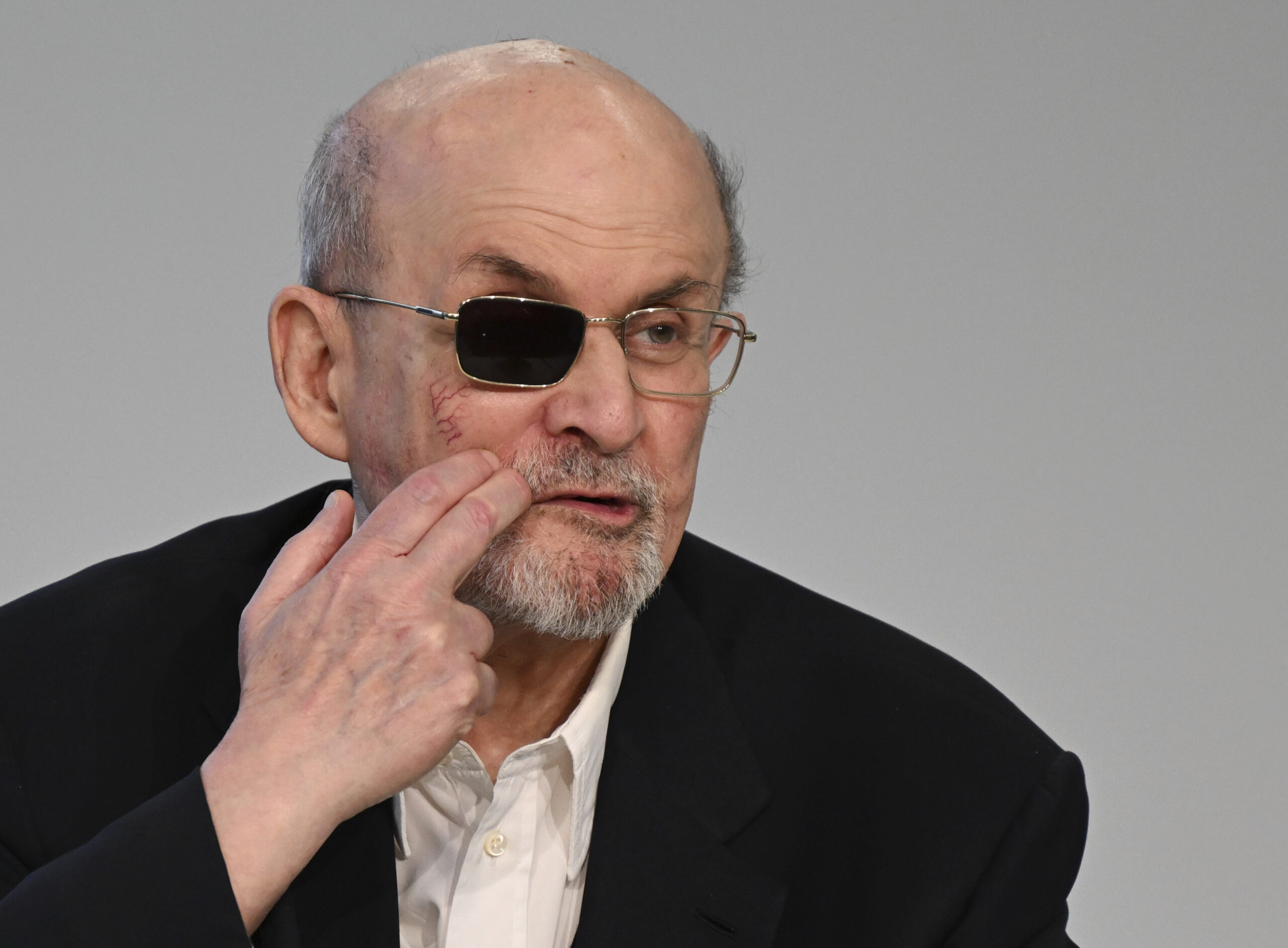 British author Salman Rushdie, winner of this year's Peace Prize of the German Book Trade, speaks during a press conference at the Frankfurt Book Fair in Frankfurt, Germany, Friday Oct. 20, 2023. (Arne Dedert/dpa via AP)