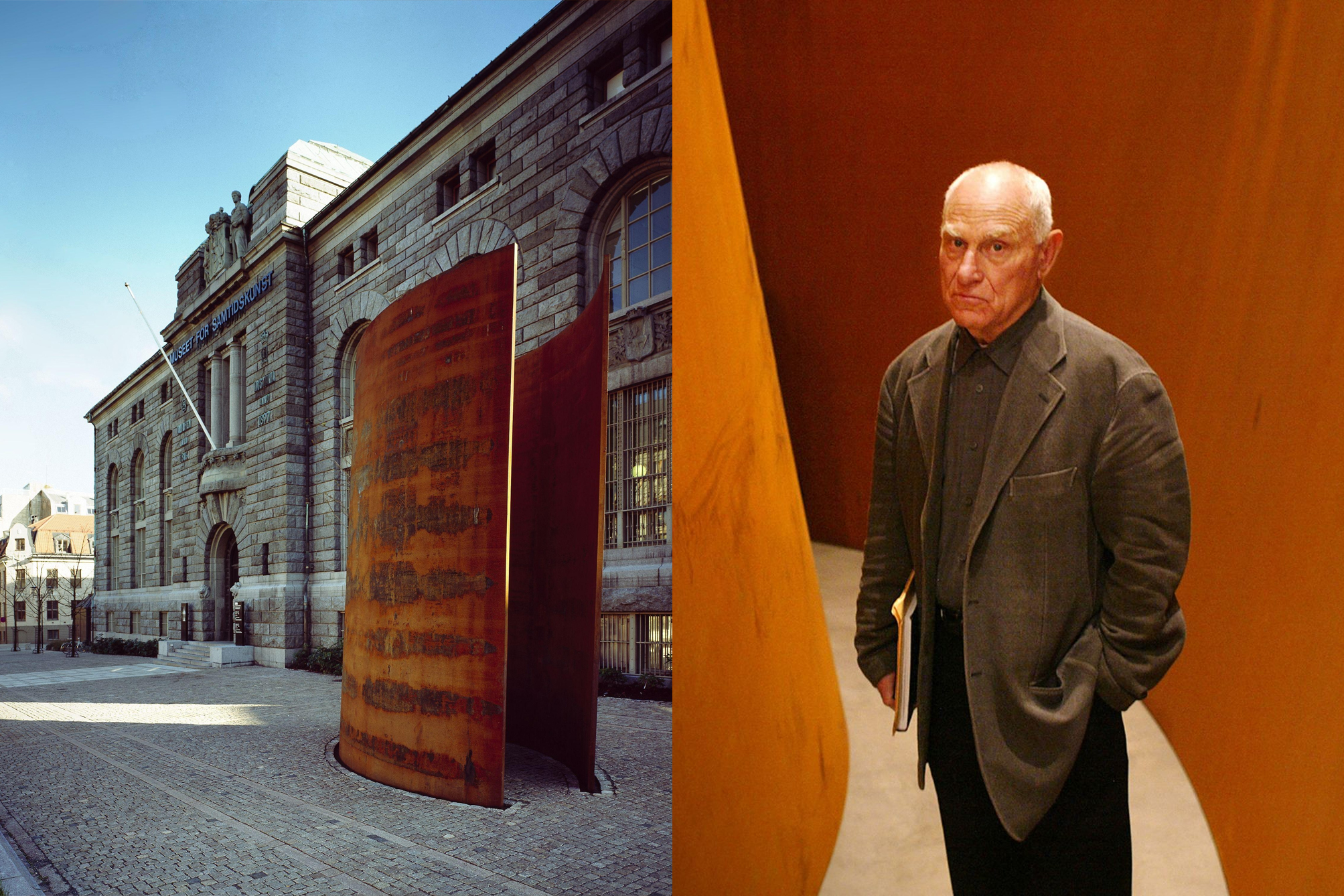 Richard Serra, «Shaft», utenfor det gamle Museet for samtidskunst på Bankplassen. (Foto- Nasjonalmuseet_Morten Thorkildsen, Rafa Rivas/AFP/Getty. Kollasj: Subjekt.) 2 3:2