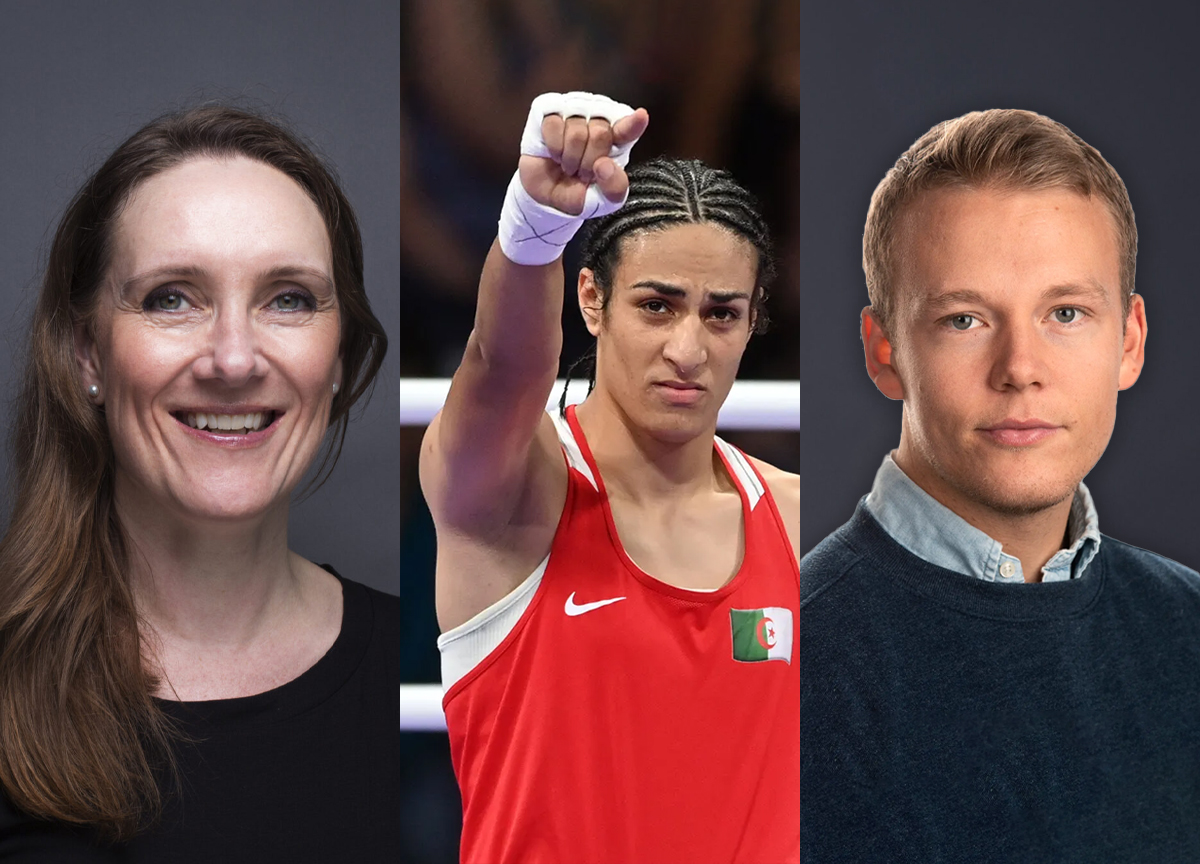 Journalist i Amedia, Eva Stenbro; bokser Imane Khelif og sportskommentator i Aftenposten, Daniel Røed-Johansen. (Foto: Amedia/Getty/Aftenposten.)