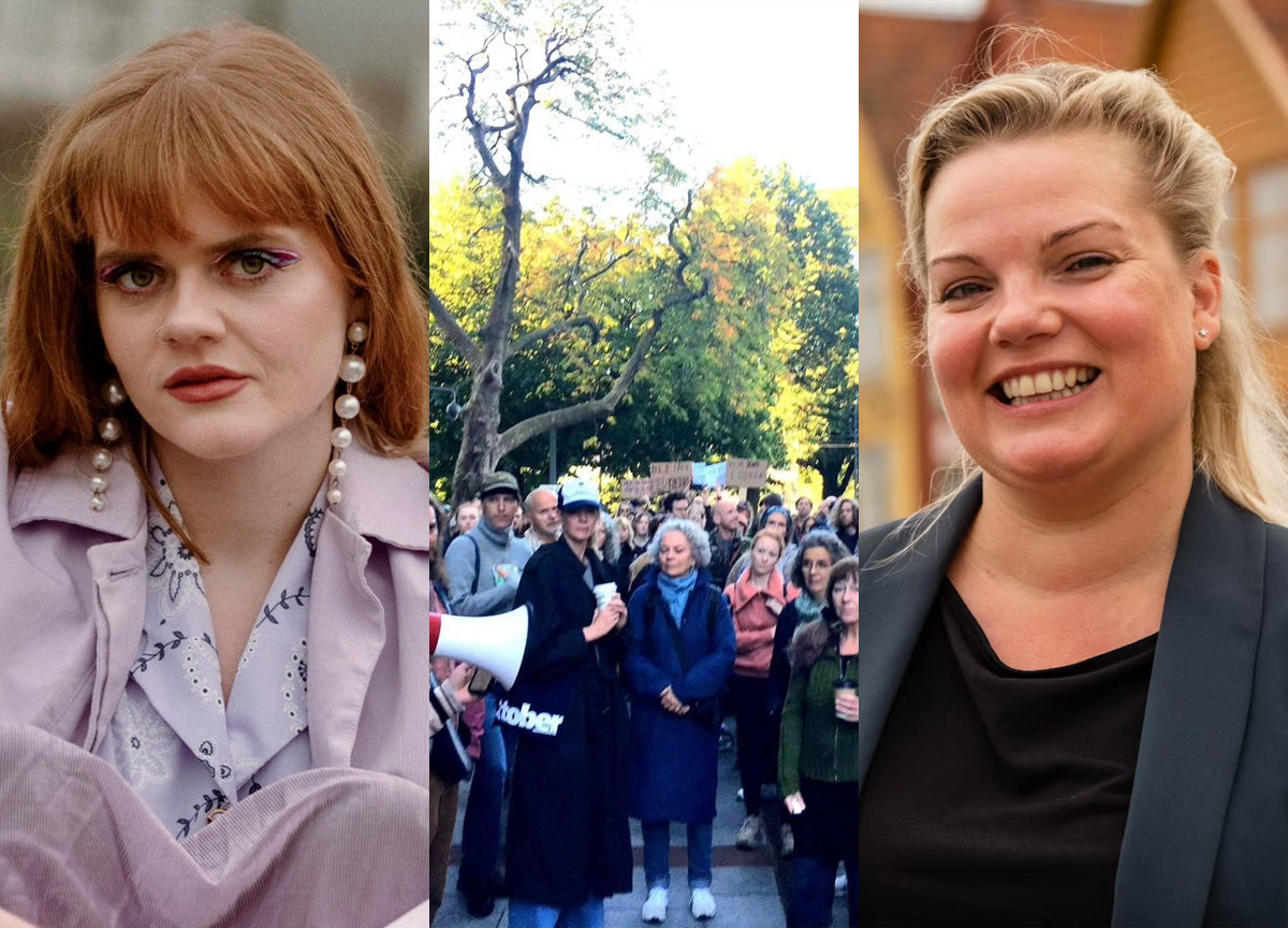 Kunstnere demonstrerer mot at Bergen kutter i kunstnerstipendene. Bergenskunstner og musiker Caja Magnussen (t.v.), og stortingspolitiker Silje Hjemdal. (Foto: Kateryna Tretiakova, FRP. Skjermbilde: @bildende_kunstneres_hordaland/Instagram. Kollasj: Subjekt.)