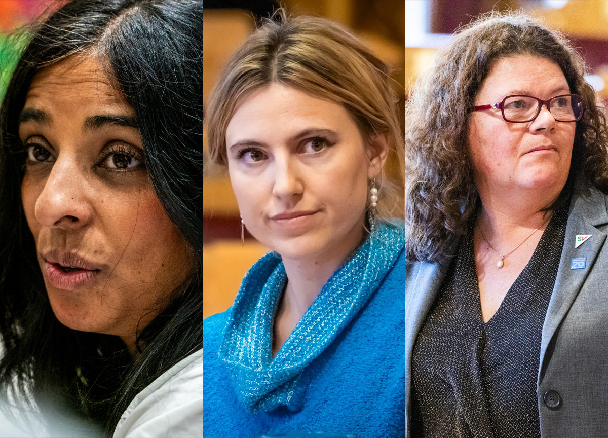 Kulturminister Lubna Jaffery (AP), Sofie Marhaug (R), Kathy Lie (SV). (Foto: NTB. Kollasj: Subjekt.)