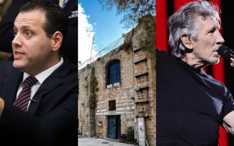 Kulturminister i Israel, Miki Zohar (Likud) og Roger Waters, «Lyd» (2023). (Foto: Hadas Parush/Mahmoud Abu Arisha/Theo Wargo.)