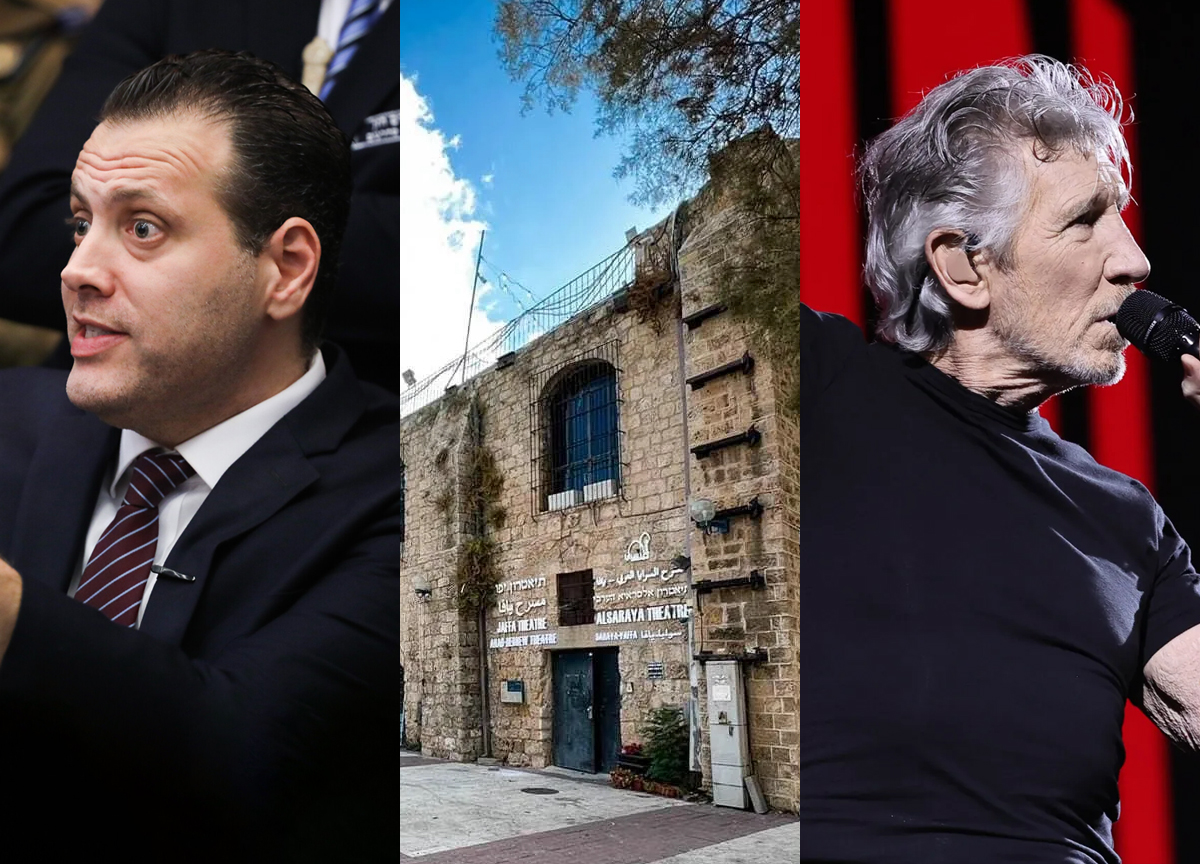 Kulturminister i Israel, Miki Zohar (Likud) og Roger Waters, «Lyd» (2023). (Foto: Hadas Parush/Mahmoud Abu Arisha/Theo Wargo.)