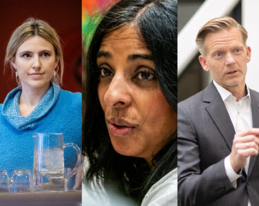 Sofie Marhaug (R), kulturminister Lubna Jaffery (AP), Tage Pettersen (H). (Foto: NTB/Høyre. Kollasj: Subjekt.)