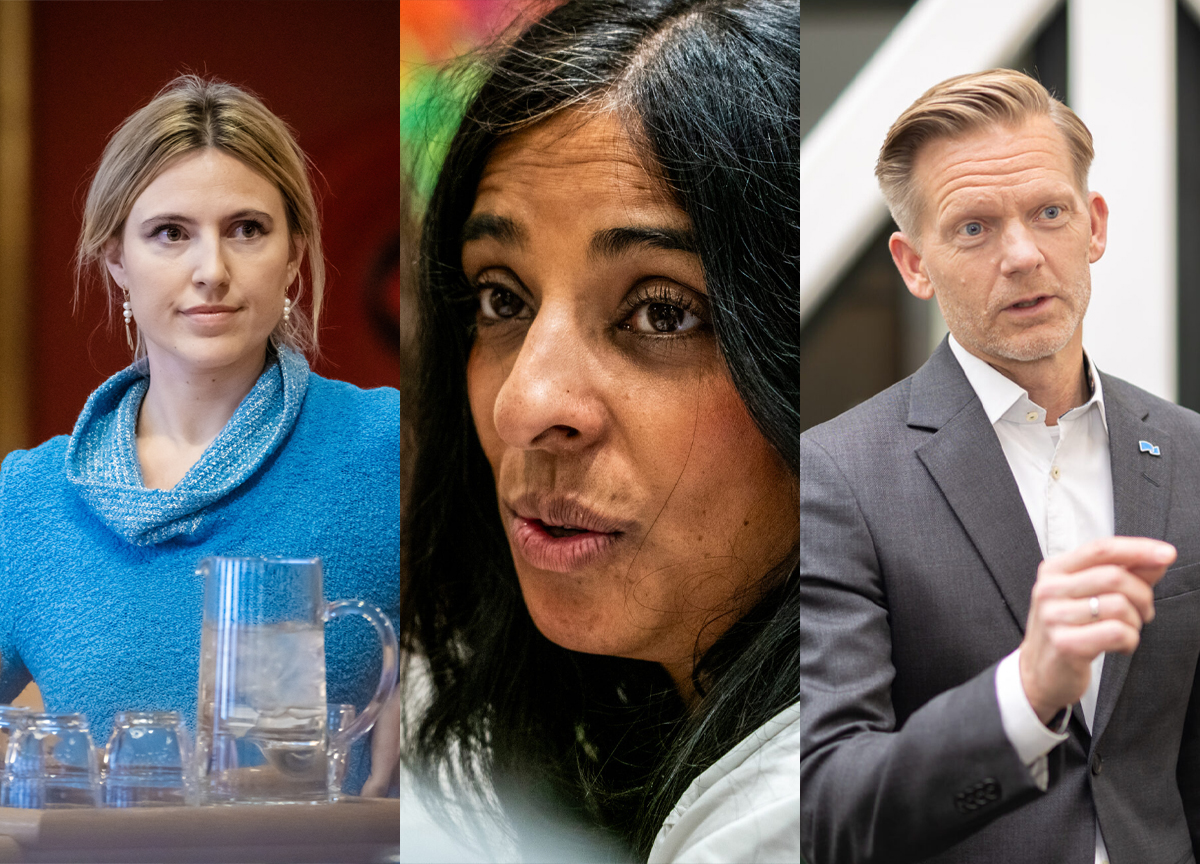 Sofie Marhaug (R), kulturminister Lubna Jaffery (AP), Tage Pettersen (H). (Foto: NTB/Høyre. Kollasj: Subjekt.)