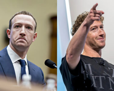 Den keitete roboten i dress (t.v.) har blitt byttet ut med en selvsikker bro i streetwear. (Foto: Bloomberg. Kollasj: Subjekt.) 2 3:2 Zuckerberg Meta Facebook Instagram Threads