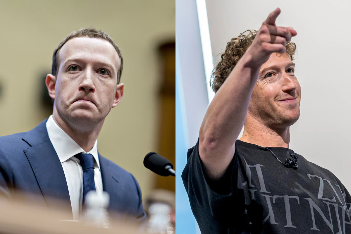 Den keitete roboten i dress (t.v.) har blitt byttet ut med en selvsikker bro i streetwear. (Foto: Bloomberg. Kollasj: Subjekt.) 2 3:2 Zuckerberg Meta Facebook Instagram Threads