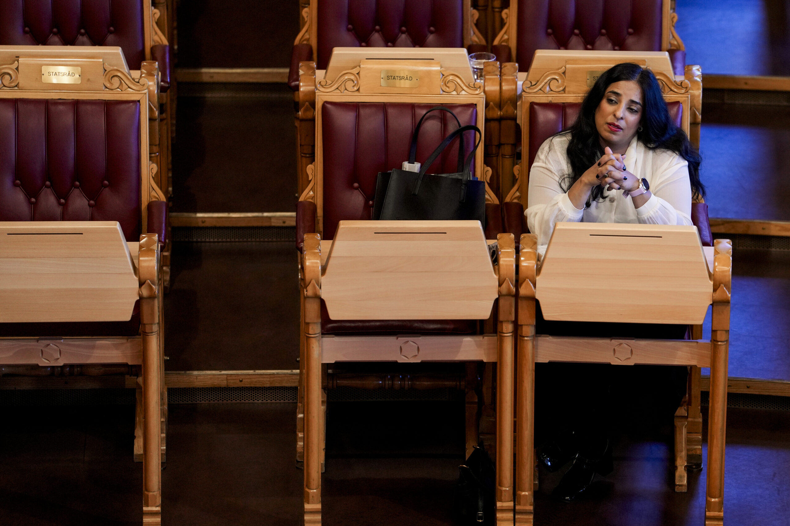 Oslo 20241023. Kultur- og likestillingsminister Lubna Jaffery (AP) under den muntlige spørretimen i Stortinget onsdag. (Foto: Javad Parsa/NTB.)