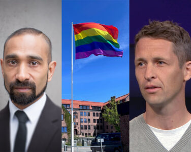 Direktør i Diskrimineringsnemnda, Ashan Nishantha, prideflagg over voksenopplæringen i Drammen, lærer Tormod Evensen. (Kollasj: Subjekt.)