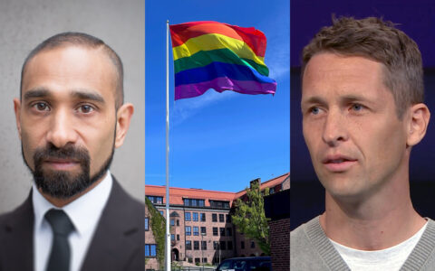 Direktør i Diskrimineringsnemnda, Ashan Nishantha, prideflagg over voksenopplæringen i Drammen, lærer Tormod Evensen. (Kollasj: Subjekt.)