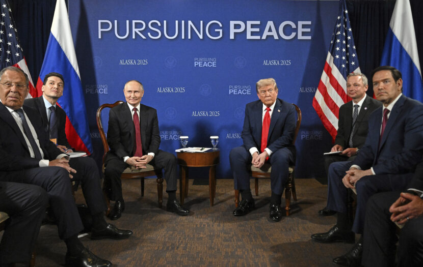President Donald Trump, center right, meets with Russia's President Vladimir Putin, center left, Friday, Aug. 15, 2025, at Joint Base Elmendorf-Richardson, Alaska. (Sergei Bobylev, Sputnik, Kremlin Pool Photo via AP)
