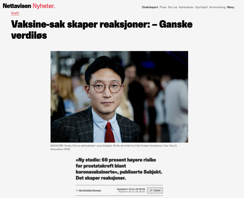 Smitteverndirektør i FHI, Preben Aavitsland, går hardt ut mot Subjekt i Nettavisen. (Faksimile.)