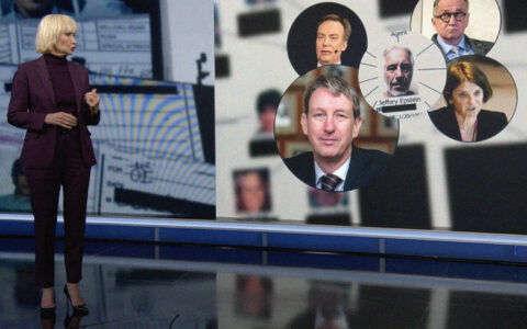 I «Dagsrevyen» lørdag 31. januar viser NRK Asle Toje som et viktig punkt i Jeffery Epsteins «edderkoppnett». Toje fremholder at han er den eneste i grafikken som hverken har møtt eller kommunisert med Epstein. (Skjermbilde.)