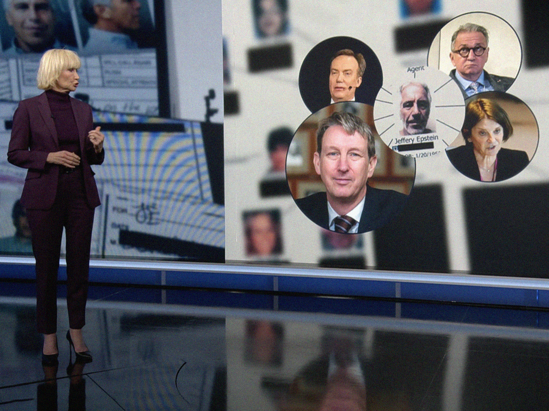 I «Dagsrevyen» lørdag 31. januar viser NRK Asle Toje som et viktig punkt i Jeffery Epsteins «edderkoppnett». Toje fremholder at han er den eneste i grafikken som hverken har møtt eller kommunisert med Epstein. (Skjermbilde.)