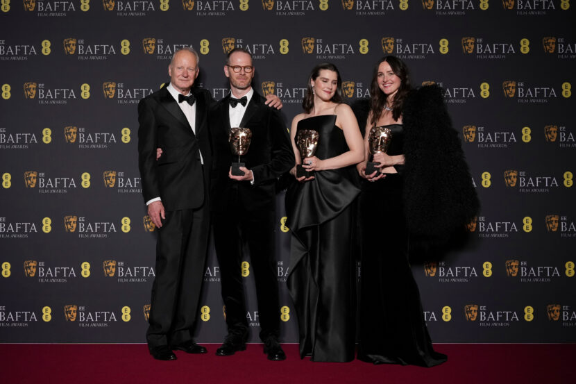 Stellan Skarsgård, from left, Joachim Trier, Inga Ibsdotter Lilleaas, and Renate Reinsve pose with the award for film not in the English language for 'Sentimental Value' at the 79th British Academy Film Awards, BAFTA's, in London, Sunday, Feb. 22, 2026. (AP Photo/Alastair Grant)