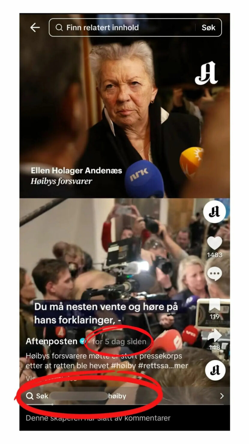 Også på denne videoen dukket et navn på en fornærmet opp. Navnet var der så sent som mandag 16. februar. Søkeforslaget fra TikTok ligger der ikke konstant. (Skjermdump: Tiktok/Faktisk.)