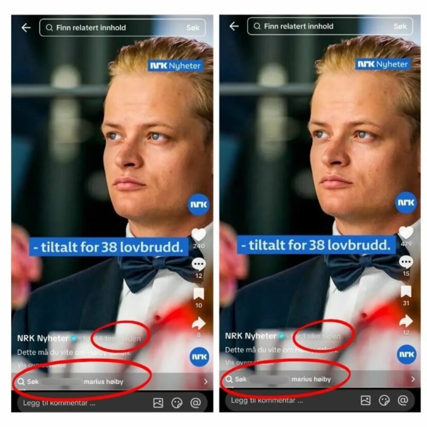 Søkeordene kan endres av Tiktok, men Faktisk.no har sett navnet på en av de fornærmede senest tirsdag 17. februar. (Skjermdump: Tiktok/Faktisk.)