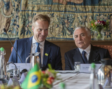 Daværende utenriksminister Børge Brende med Brasils president Michel Temer under møte hos Norges Rederiforbund. (Foto: Vidar Ruud/NTB.)
