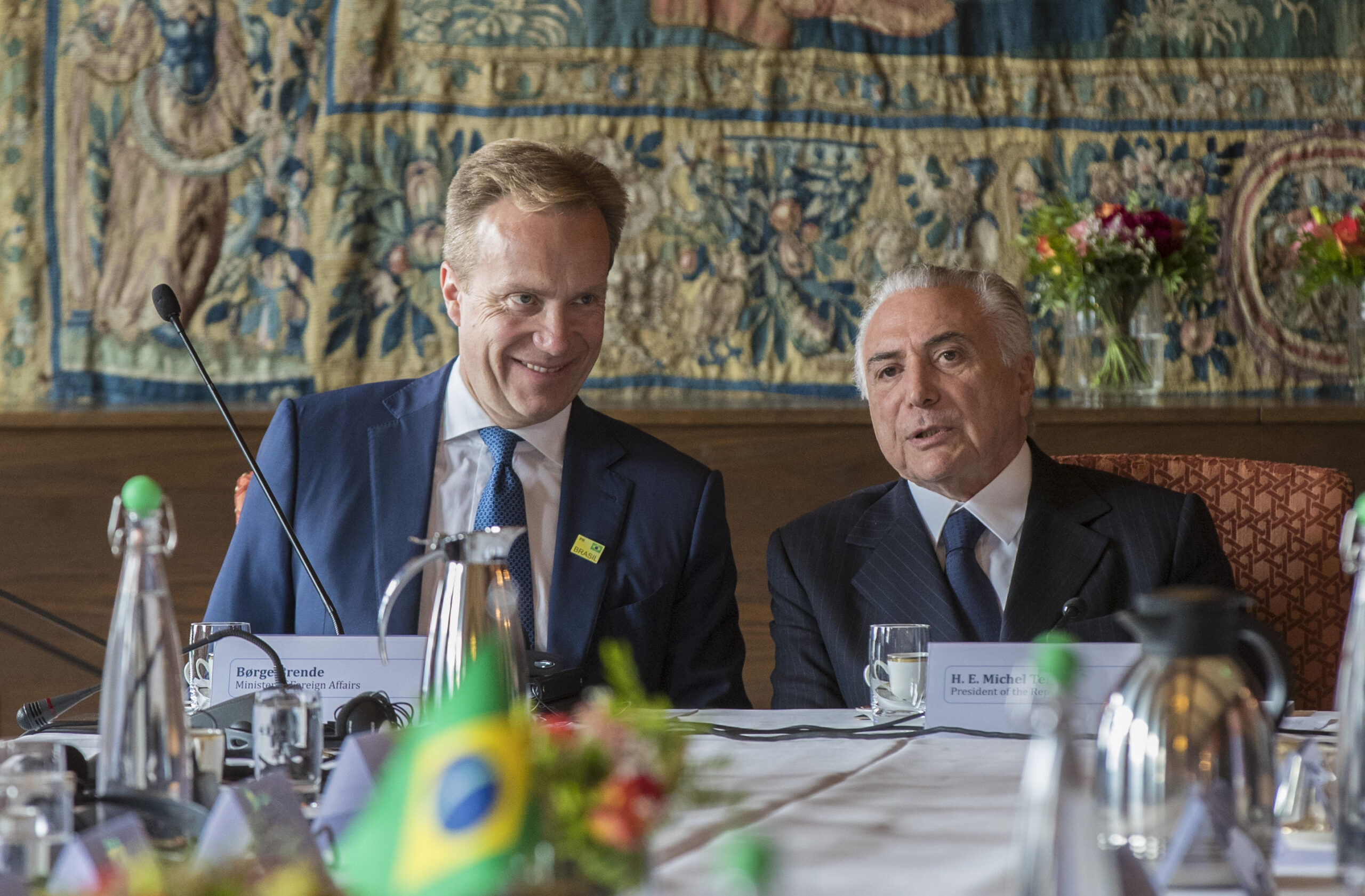 Daværende utenriksminister Børge Brende med Brasils president Michel Temer under møte hos Norges Rederiforbund. (Foto: Vidar Ruud/NTB.)