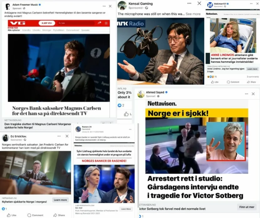 Eksempler Faktisk fant på svindelannonser på Facebook. (Foto: Skjermdumper/Facebook/Faktisk.)