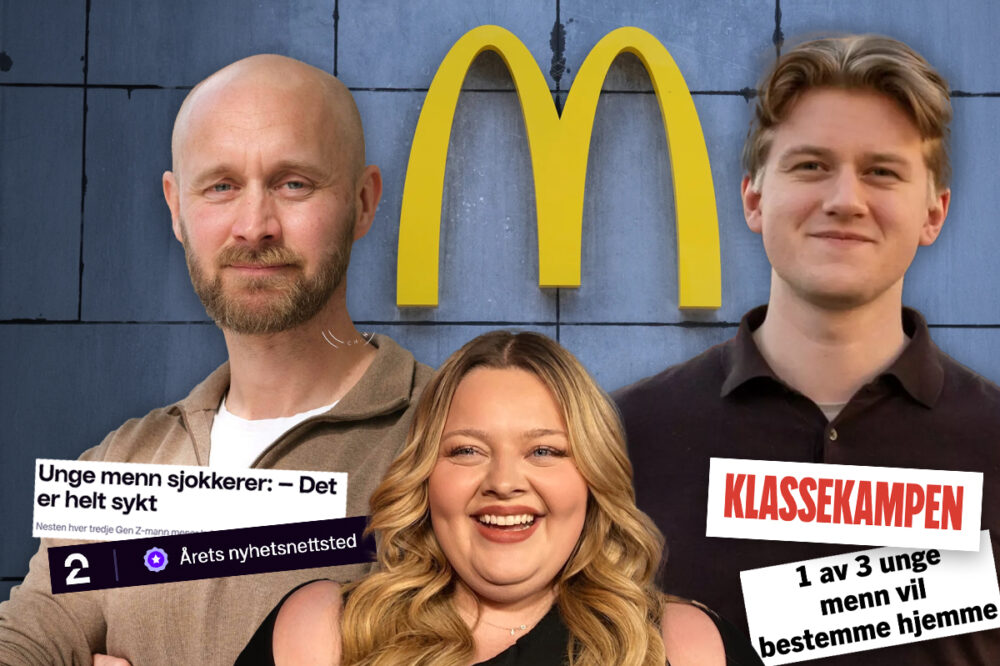 TV 2 og Klassekampen rakk å få reaksjoner fra Sondre Rein, Anine Olsen, Jo Skårderud og noen gutter på en McDonald's-restaurant i Bergen før de oppdaget at det ikke var noen norske menn med i undersøkelsen. (Kollasj: Subjekt.)