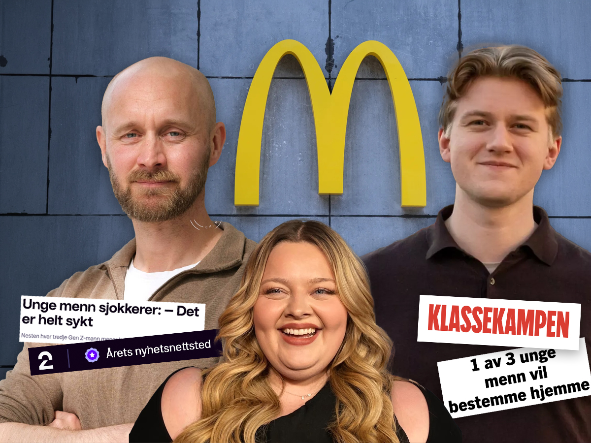 TV 2 og Klassekampen rakk å få reaksjoner fra Sondre Rein, Anine Olsen, Jo Skårderud og noen gutter på en McDonald's-restaurant i Bergen før de oppdaget at det ikke var noen norske menn med i undersøkelsen. (Kollasj: Subjekt.)