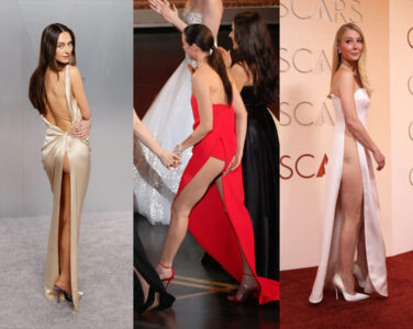 Langbente Devon Lee Carlson (f.v.), Renate Reinsve og Gwyneth Paltrow under årets Oscar-utdeling. (Kollasj: Subjekt.)