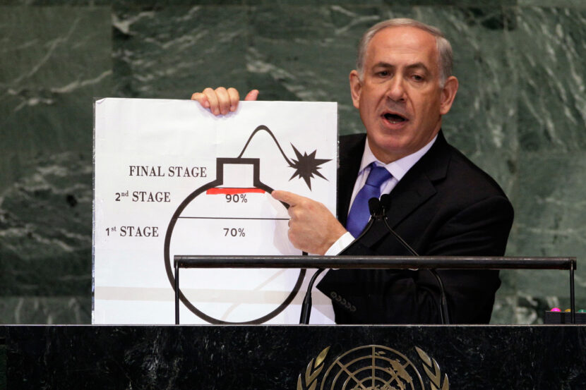 Israeli Prime Minister Benjamin Netanyahu shows an illustration as he describes his concerns over Iran's nuclear ambitions during his address to the 67th session of the United Nations General Assembly at U.N. headquarters, Sept. 27, 2012. (AP Photo/Richard Drew, File)