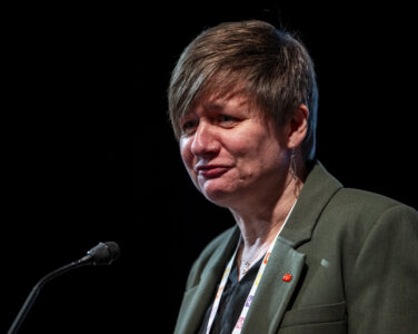 Leder i Fagforbundet, Helene Harsvik Skeibrok, under LOs representantskapsmøte på Oslo Congressenter 17. februar 2026. (Foto: Annika Byrde/NTB.)