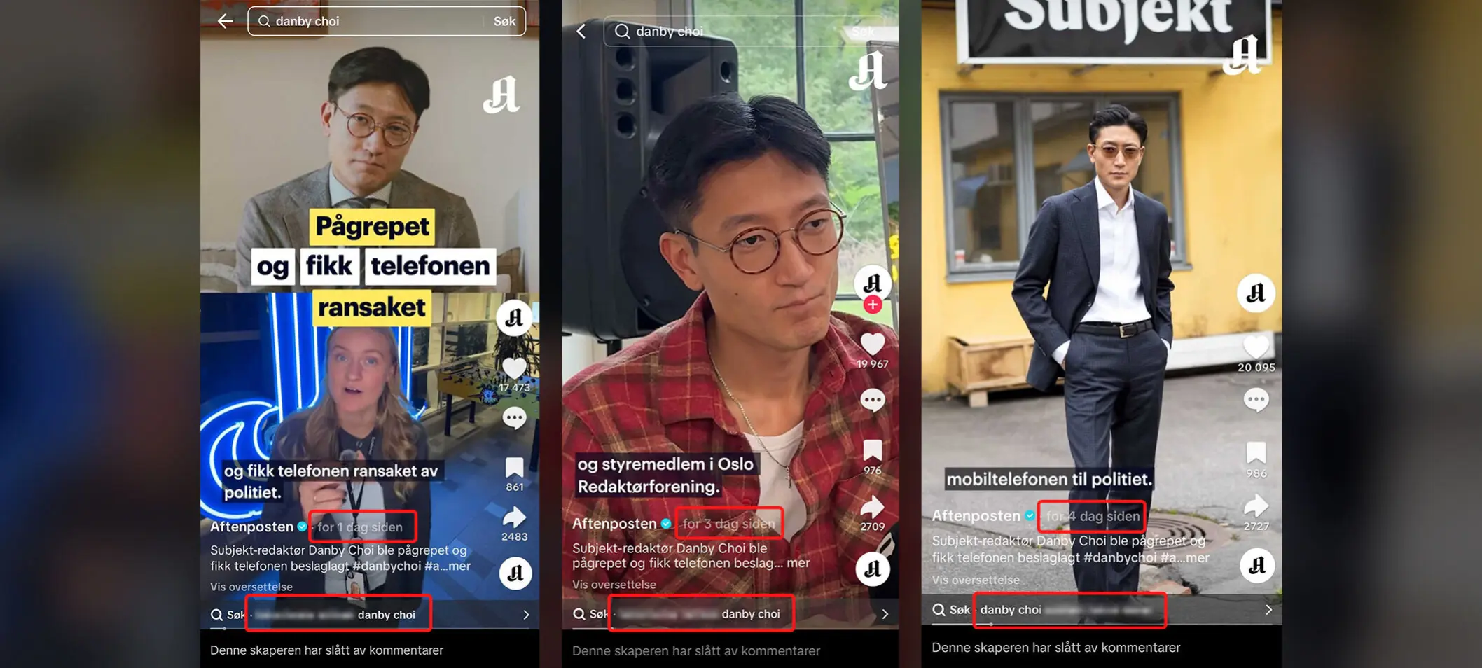 Sensitive opplysninger dukket opp i søkefeltet på Aftenpostens video. Dette er ord avisen selv ikke har kontroll over. (Skjermdump.)