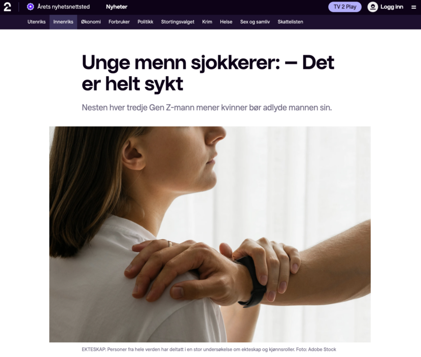 «Unge menn sjokkerer: – Det er helt syktNesten hver tredje Gen Z-mann mener kvinner bør adlyde mannen sin.» (Skjermbilde.)