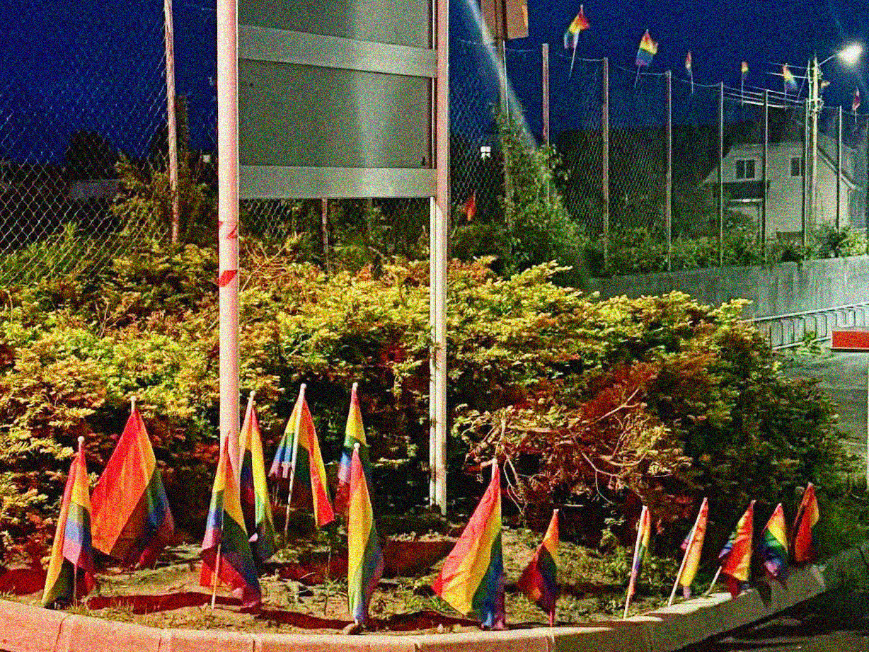 Hundre prideflagg skal ha blitt satt opp rundt Sevland skole på Karmøy, etter at noen av foreldrene uttrykket skepsis til pridemarkering i skolen. (Foto: Privat.)