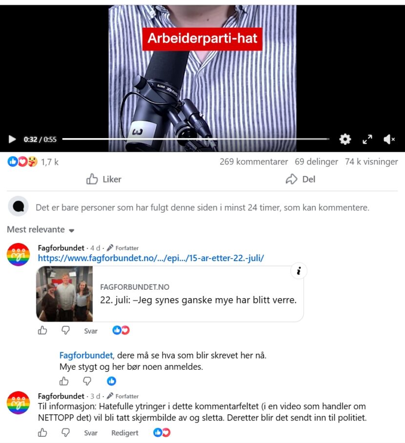 Fagforbundet Gaute Skjervø AUF Arbeiderpartiet ungdomspartileder hets hat hatefulle ytringer Fagforbundet politi dokumenterer anmelder varsler