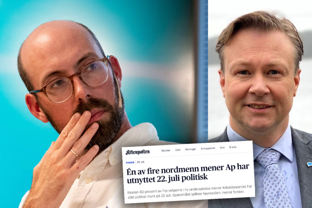 C-rex-leder Anders Ravik Jupskås og Frp-politiker Simen Sandelien er svært uenige om hva vi kan trekke ut av undersøkelsen som blant annet viser annet at én av fire nordmenn mener Arbeiderpartiet har utnyttet 22. juli politisk. (Kollasj: Subjekt)