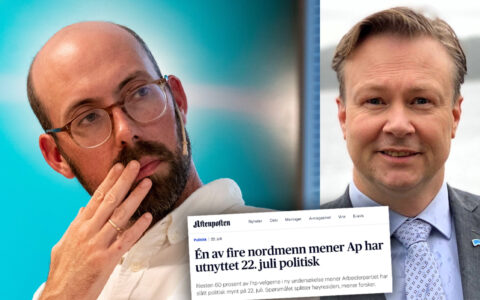 C-rex-leder Anders Ravik Jupskås og Frp-politiker Simen Sandelien er svært uenige om hva vi kan trekke ut av undersøkelsen som blant annet viser annet at én av fire nordmenn mener Arbeiderpartiet har utnyttet 22. juli politisk. (Kollasj: Subjekt)