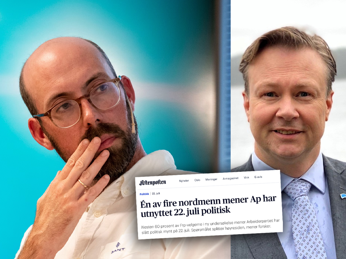 C-rex-leder Anders Ravik Jupskås og Frp-politiker Simen Sandelien er svært uenige om hva vi kan trekke ut av undersøkelsen som blant annet viser annet at én av fire nordmenn mener Arbeiderpartiet har utnyttet 22. juli politisk. (Kollasj: Subjekt)