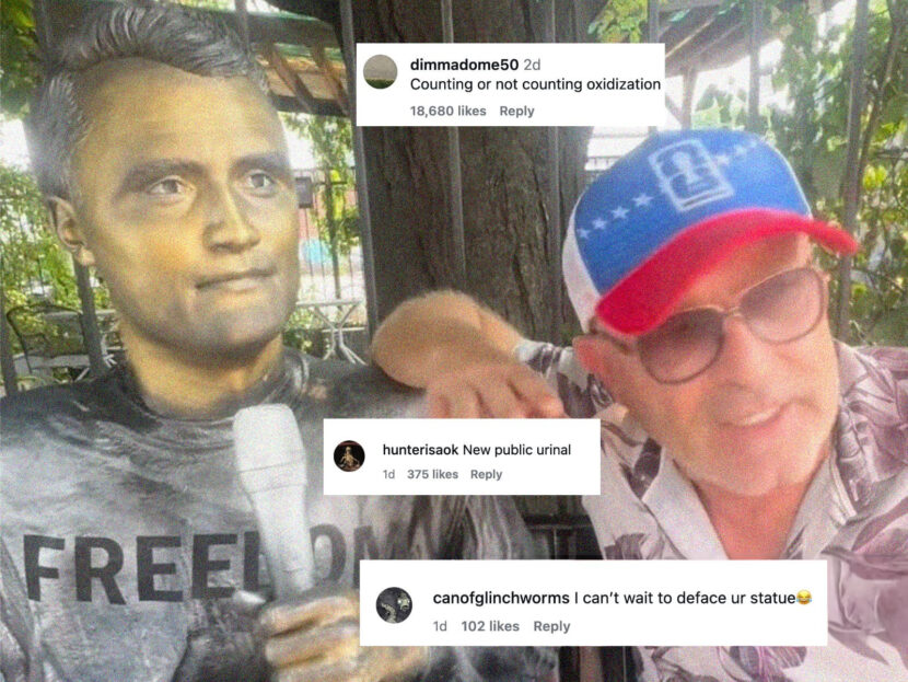 Kunstner Sergio Furnari håpet å treffe tidsånden. Han har i hvert fall truffet en nerve. (Kollasj: Hyperallergic.)