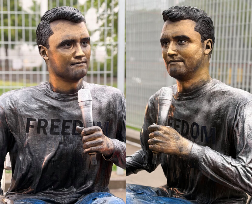 Kunstner Sergio Furnari står bak statuen av Charlie Kirk. Han trolles på nett. (Kollasj: Subjekt.)