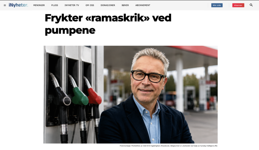 Inyheter la til en blazer og satte Odd Emil Ingebrigtsen for en bensinpumpe. (Faksimile: Inyheter.)